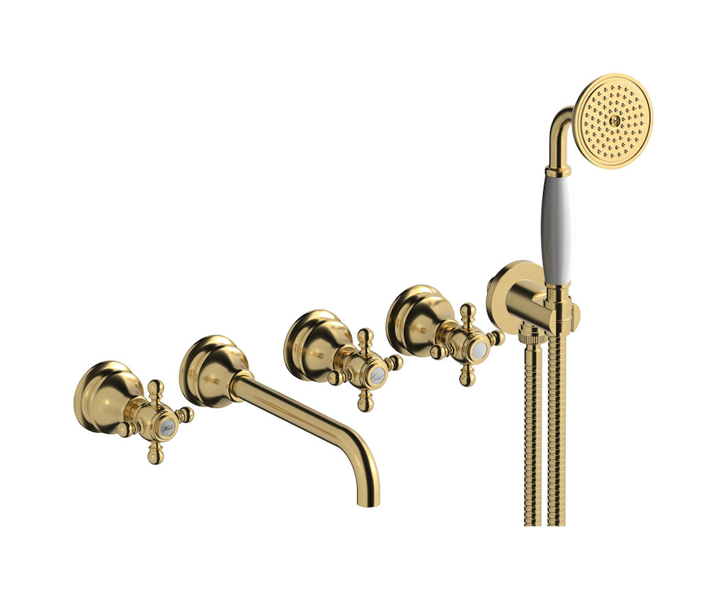Настенный смеситель для ванной на 5 отверстий с дивертером и душевым гарнитуром. WE ARE IB hr398os Brushed Gold Hermes
