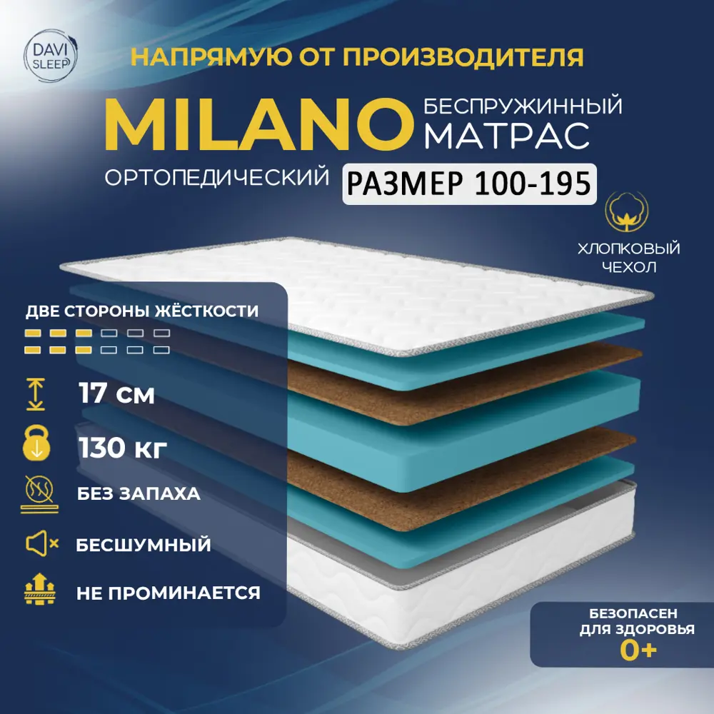 Матрас Davi Sleep Soft Milano 100x195x17 см беспружинный, односпальный