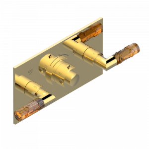 A34-5401BEH Накладка с ручкой регулировки температуры и двумя маховиками для термостатического смесителя с горизонтальной установкой Thg-paris Bambou с хрусталём янтарного цвета Золото