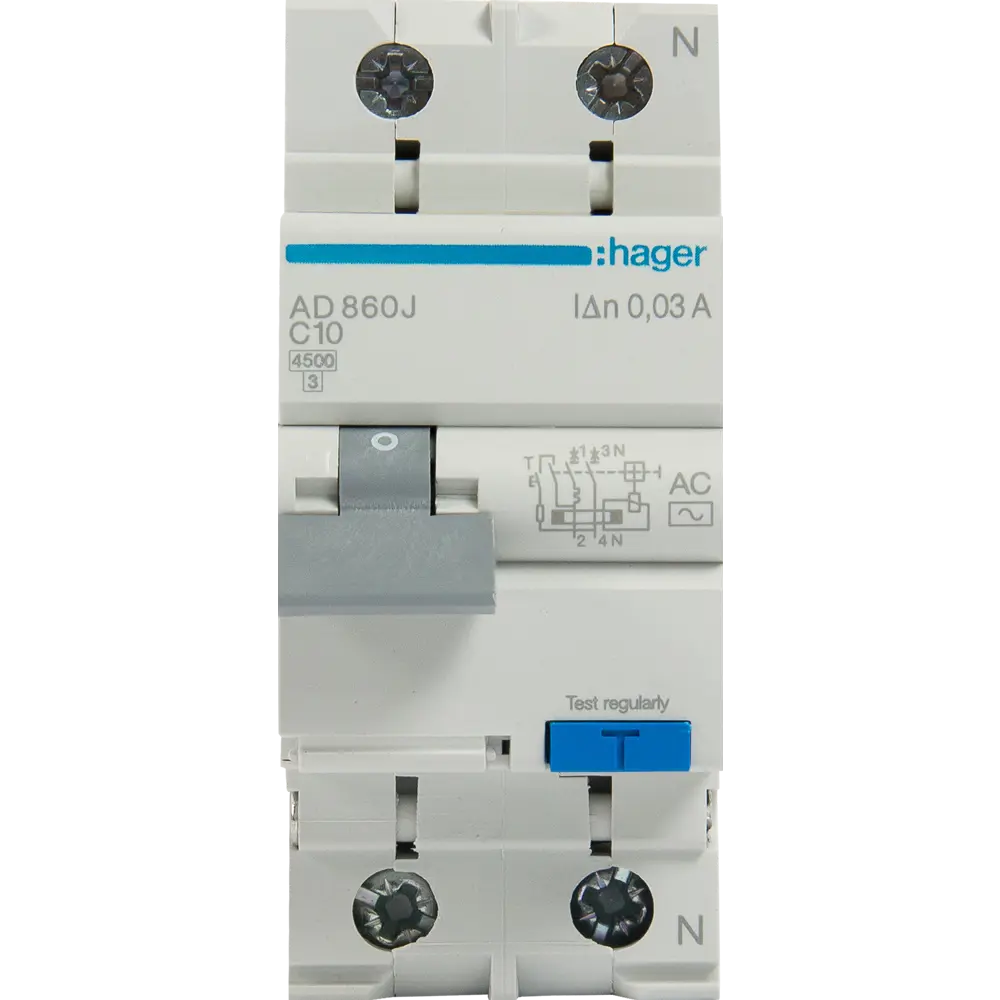 Дифференциальный автомат Hager AD860J 1P N C10 A 30 мА 4.5 кА AC STLM-2084365 - Вид №1
