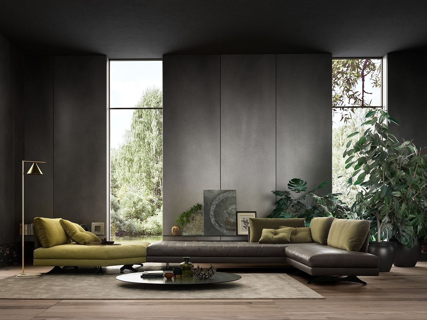 Угловой секционный диван из кожи и ткани VALENTINI камень ARCH-00108072