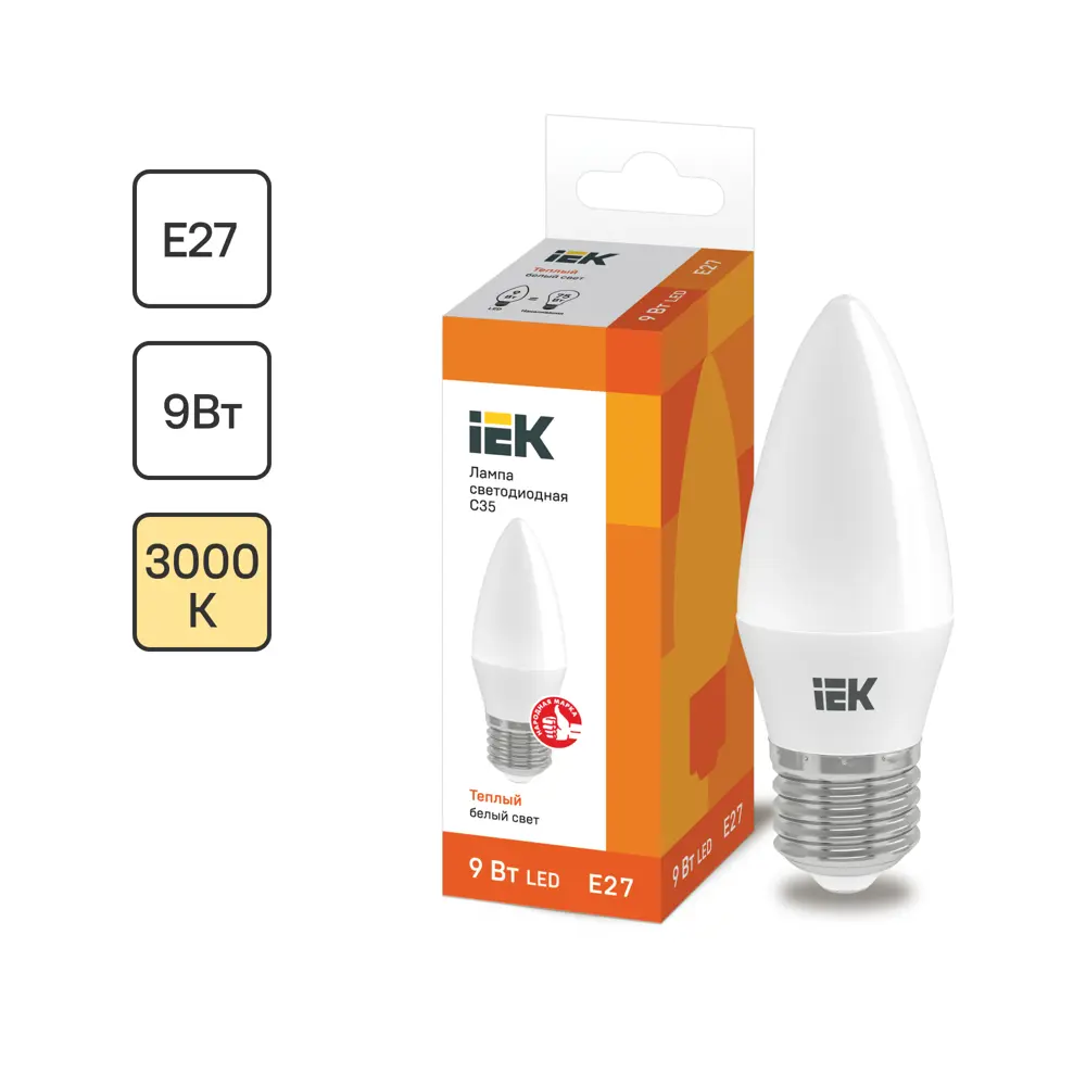 Лампа светодиодная IEK E27 175-250 В 9 Вт свеча матовая 810 лм теплый белый свет 87405777 STLM-2120308 