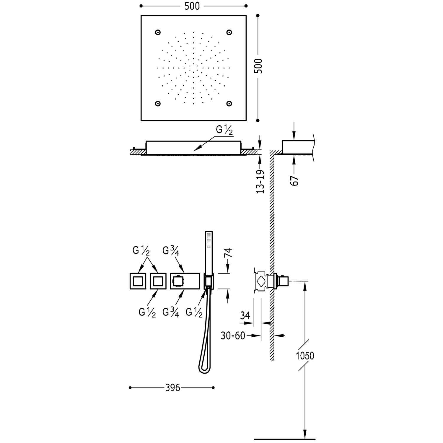 КОМПЛЕКТ БЛОЧНОЙ СИСТЕМЫ de grifo termostático empotrado de 3 vías Block System para ducha-20725312 TRES Thermostatic - Вид №1