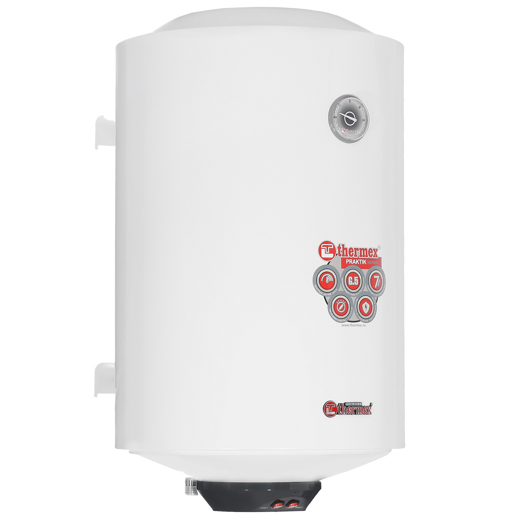 1134746 Водонагреватель Thermex PRAKTIK 80 V [накопительный, 80 л, нержавеющая сталь, нижняя, круглая, уст-ка: вертикальная, белый] STDN-0150826