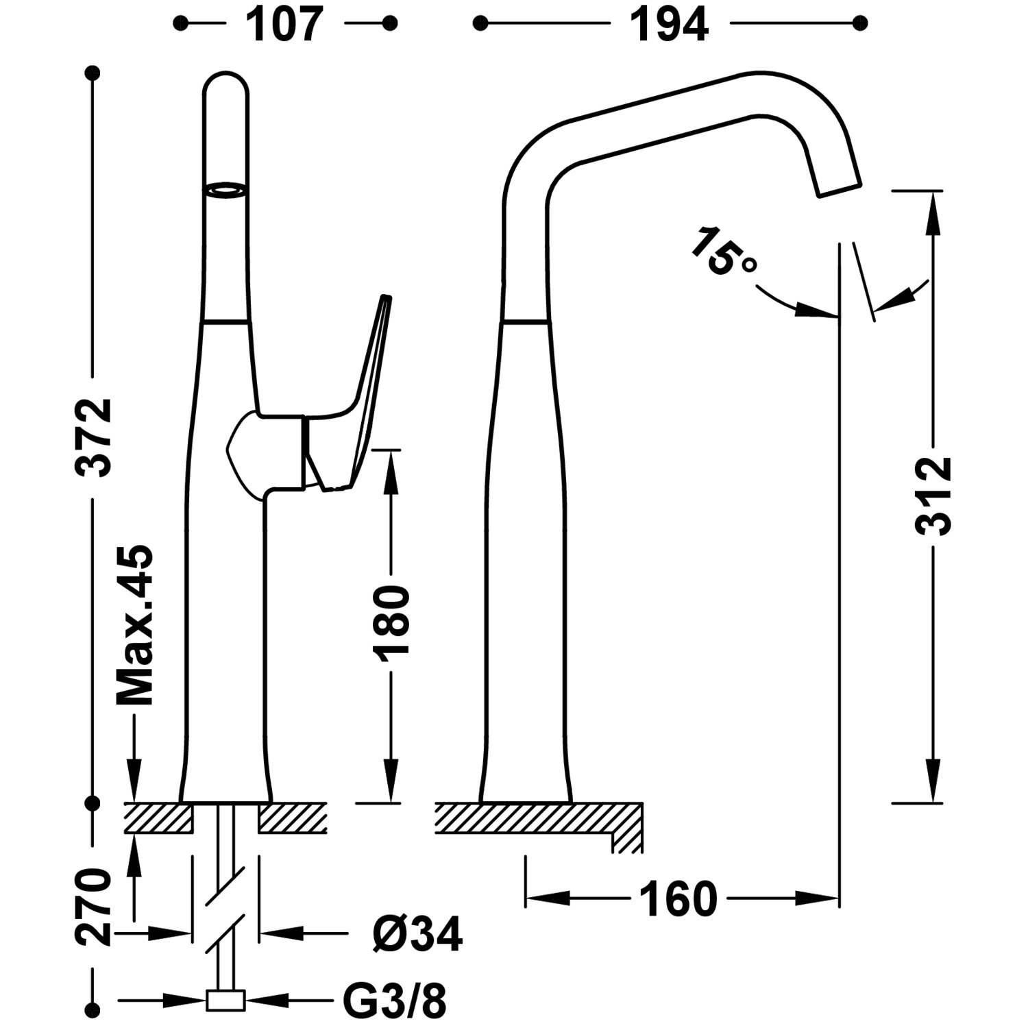 Смеситель для умывальника FUJI XXL с одной ручкой и боковым рычагом-28184701AC TRES - Вид №1