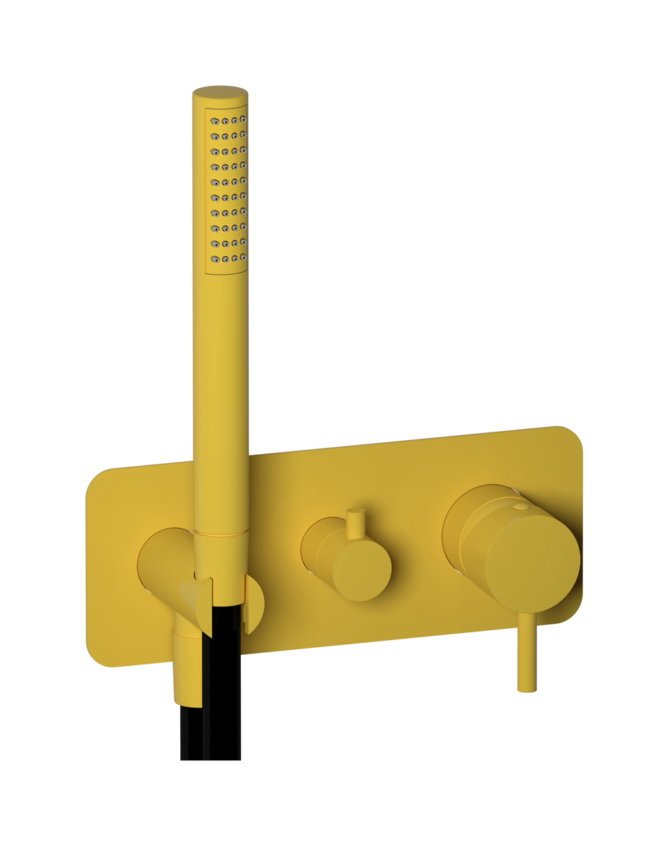 Внешние части встроенного в стену смесителя на 3 потребителя в комплекте с душевым гарнитуром. WE ARE IB co314gi Yellow Franciacorta Colore