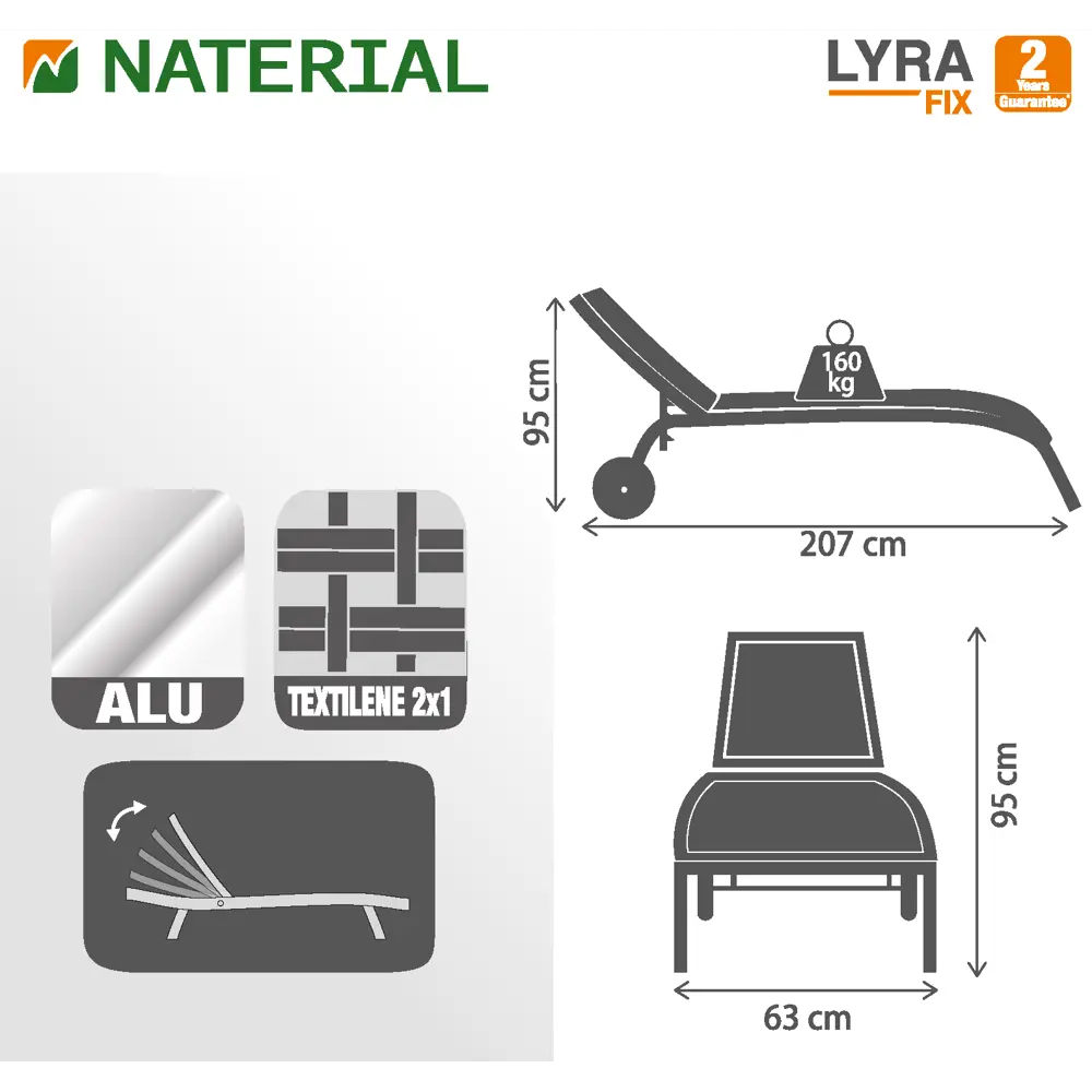 Шезлонг с колесами Naterial Lyra 207х63 см алюминий/ текстиль темно-серый STLM-2005957 - Вид №16