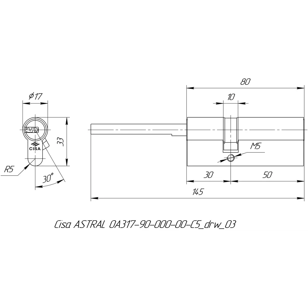 Цилиндр Cisa Astral ОА317-90.00, 45x10x25 мм, ключ/шток, цвет латунь, без вертушки STLM-2166072 - Вид №4