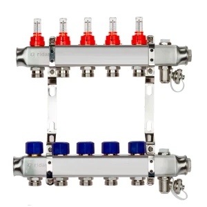 Коллектор Ридан на 5 выходов 1"x3/4" с расходомерами и кронштейнами нержавеющая сталь