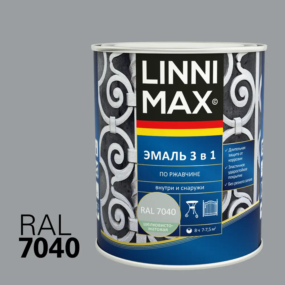 Грунт-эмаль 3 в 1 LINNIMAX для защиты от ржавчины, серый 0.75 л 89349592 STLM-0853784