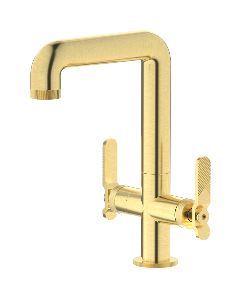 Смеситель для раковины на 1 отверстие с 2 ручками в комплекте с донным клапаном. WE ARE IB b2205is Brushed Pale Gold Bold