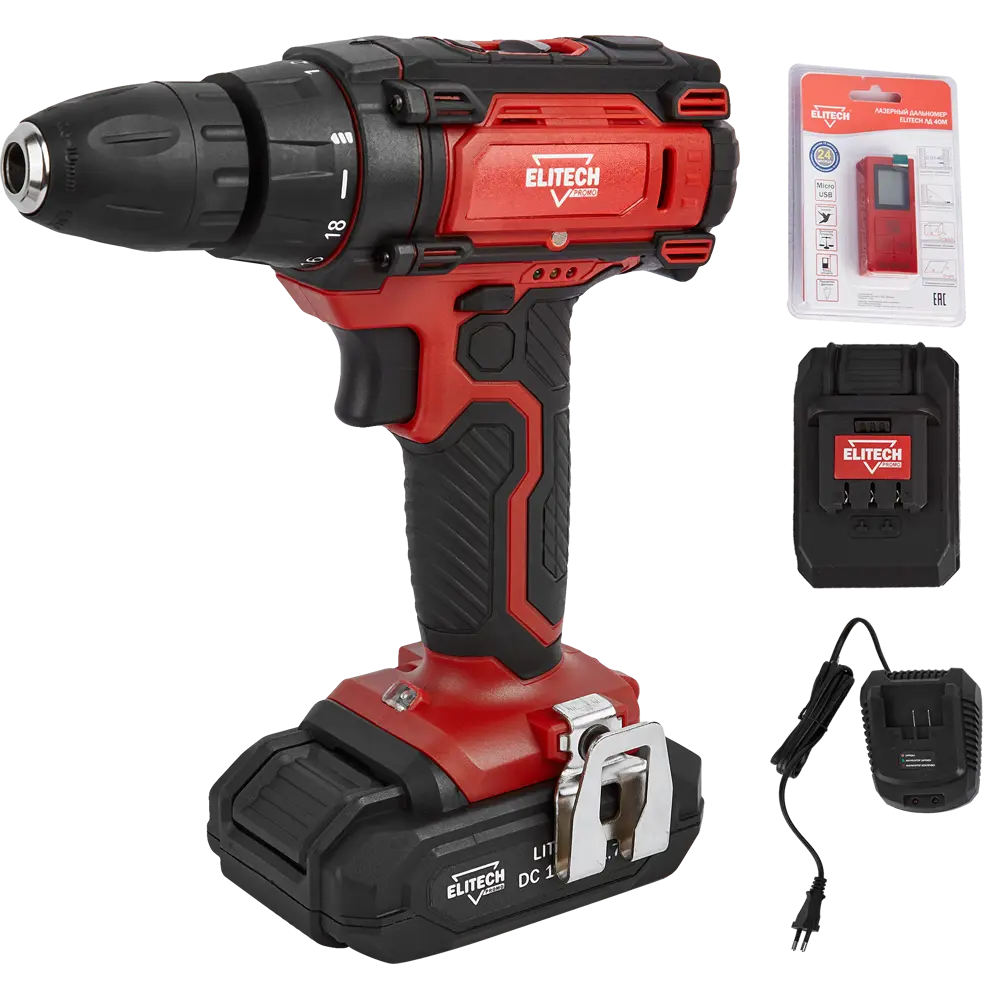 Дрель аккумуляторная Elitech ДА18СЛ2, 18 В Li-ion 2х1.7 Ач STLM-2125818