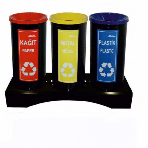 1840 ARI METAL Комплект из 3 мусорных баков для раздельного сбора отходов, порошковая окраска, объем бака 34 л. 3 х 34 л. Черная основа, крышки красная, желтая, синяя