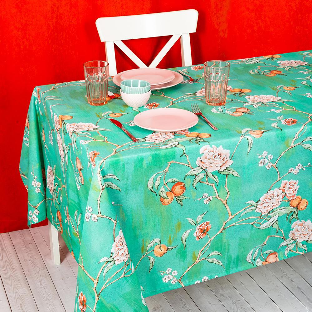90415840 Скатерть на стол Японская роза прямоугольная 150х210 см цвет бирюзовый STLM-0221521 ALTALI