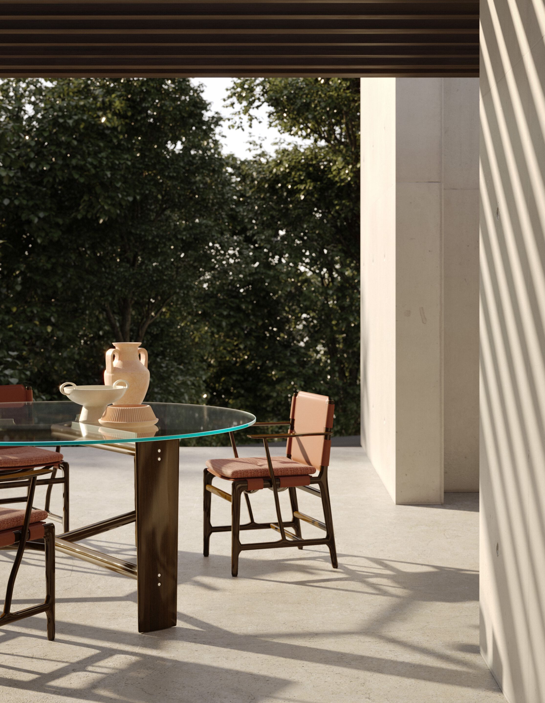 Круглый садовый стол из красного дерева и стекла Exteta No-Glue ARCH-00142845 - Вид №8