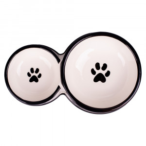 ПР0059059 Миска для собак двойная, белая с лапками 100мл и 220мл КерамикАрт