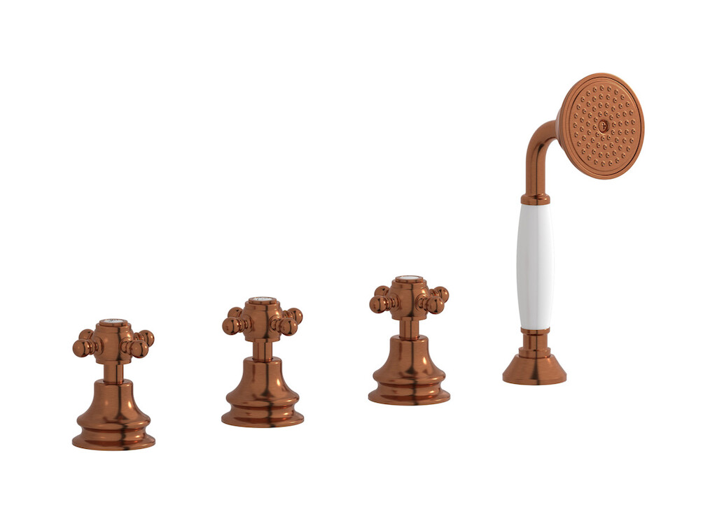 Смеситель на бортик ванной на 4 отверстия с изливом, дивертером и душевым гарнитуром. WE ARE IB hr397rr Antique Copper Hermes
