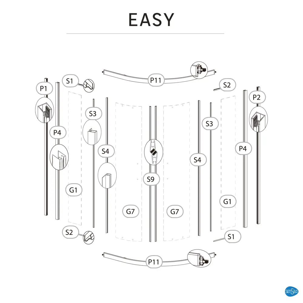 Комплект стекол для душевой ширмы Sensea Easy 1/4 круга 100x100 см прозрачное, цвет профиля на выбор STLM-2072850 - Вид №23