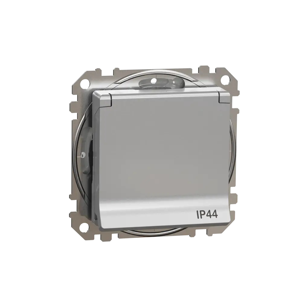 Розетка встраиваемая влагозащищенная Systeme Electric Sedna Design с крышкой IP44, цвет алюминий STLM-2205704 - Вид №1