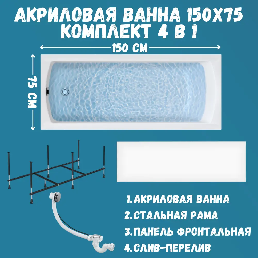 Прямоугольная ванна 1marka Modern 01мод1575кп акрил 150x75см