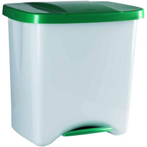 24160 DENOX Контейнер мусорный для раздельного сбора отходов с внутренним разделением на 1, 2 или 3 секции с педалью и крышкой 50 л. Белый с зеленой крышкой