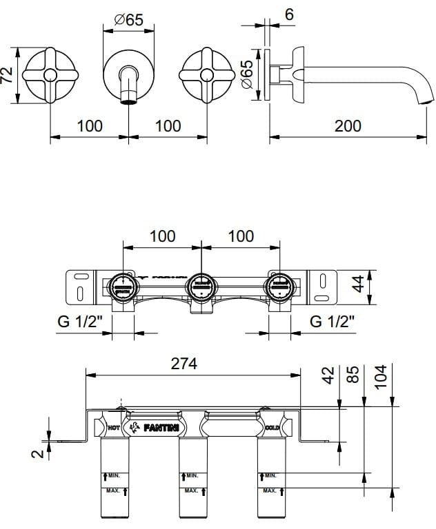 Настенный смеситель для раковины с 3 отверстиями Fantini Rubinetti Icona Classic ARCH-00141370 - Вид №2