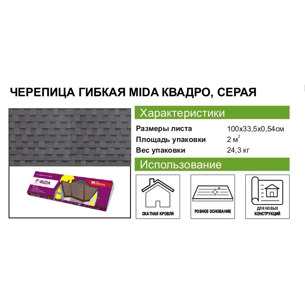 Черепица гибкая Mida Квадро серый 2 м² ТЕХНОНИКОЛЬ STLM-2002064 - Вид №7