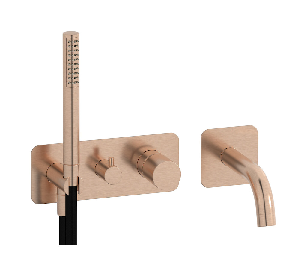 Настенный смеситель для ванной на с дивертером и душевым гарнитуром. WE ARE IB rr398sr Brushed Rose Gold Brera