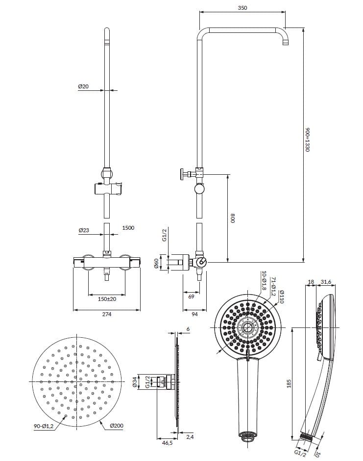 Термостатическая душевая колонна с душем и ручным душем OMNIRES Y ARCH-00090814 - Вид №1