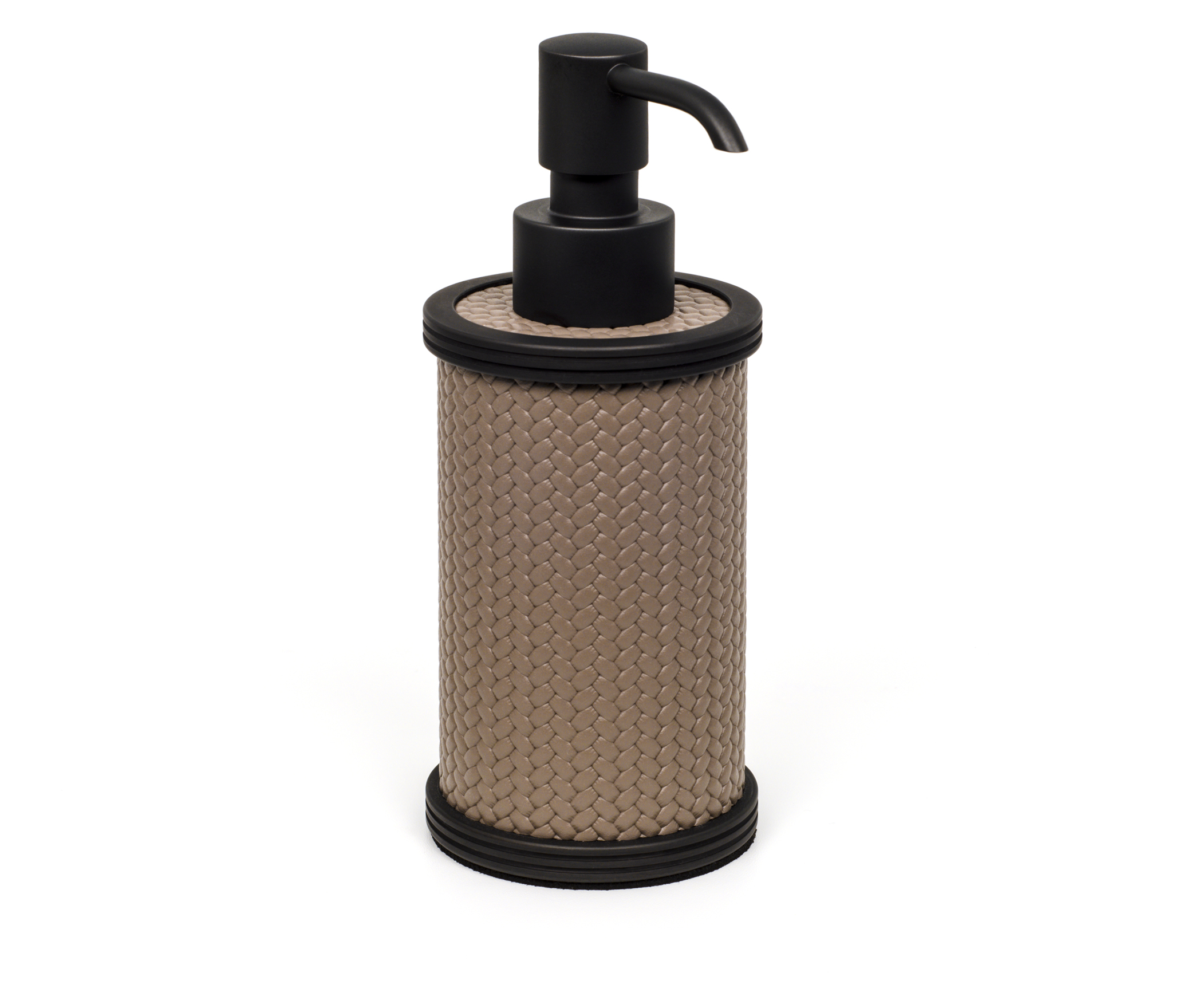Дозатор для мыла Carol - Ø 6,5XH15 см / металлическая отделка_вороненная латунь / плетеная кожа_кофе