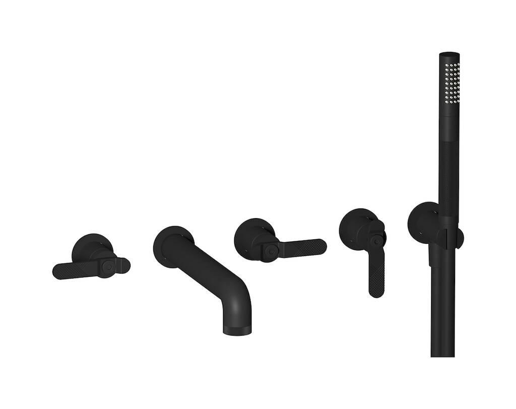 Настенный смеситель для ванной на 5 отверстий с дивертером и душевым гарнитуром. WE ARE IB b2398np Matt Black Bold