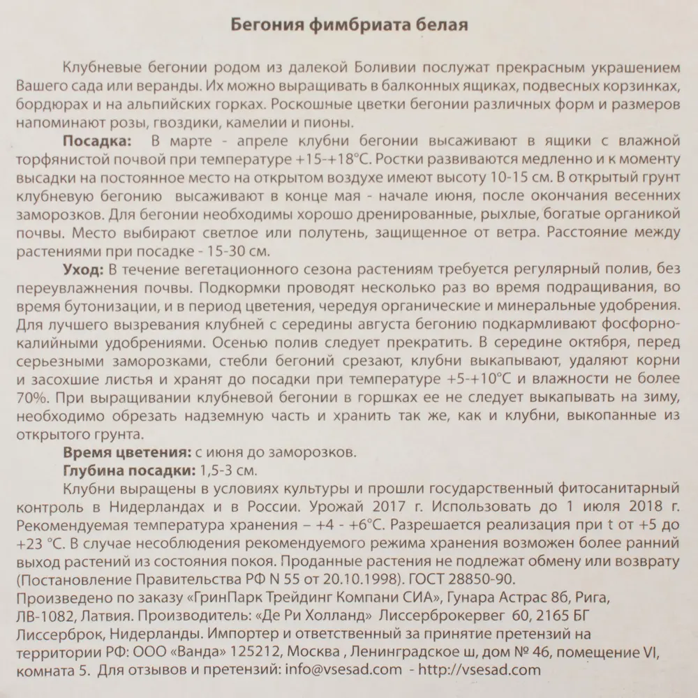 Бегония Фимбриата белый луковица 4/5 2 шт ВСЕ В САД STLM-2089290 - Вид №2