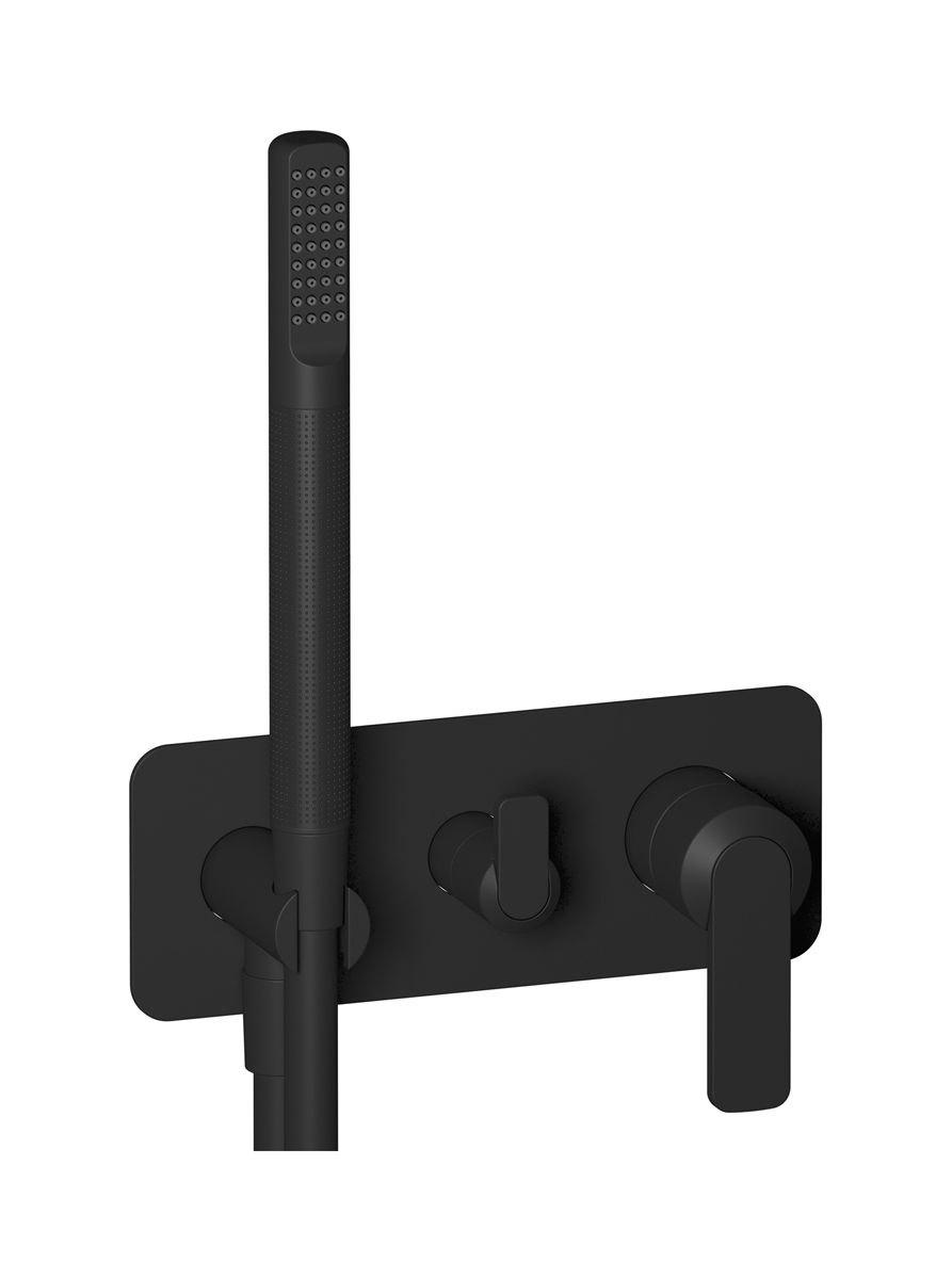 Внешние части встроенного в стену смесителя на 2 потребителя в комплекте с душевым гарнитуром. WE ARE IB c6313np Matt Black C-67