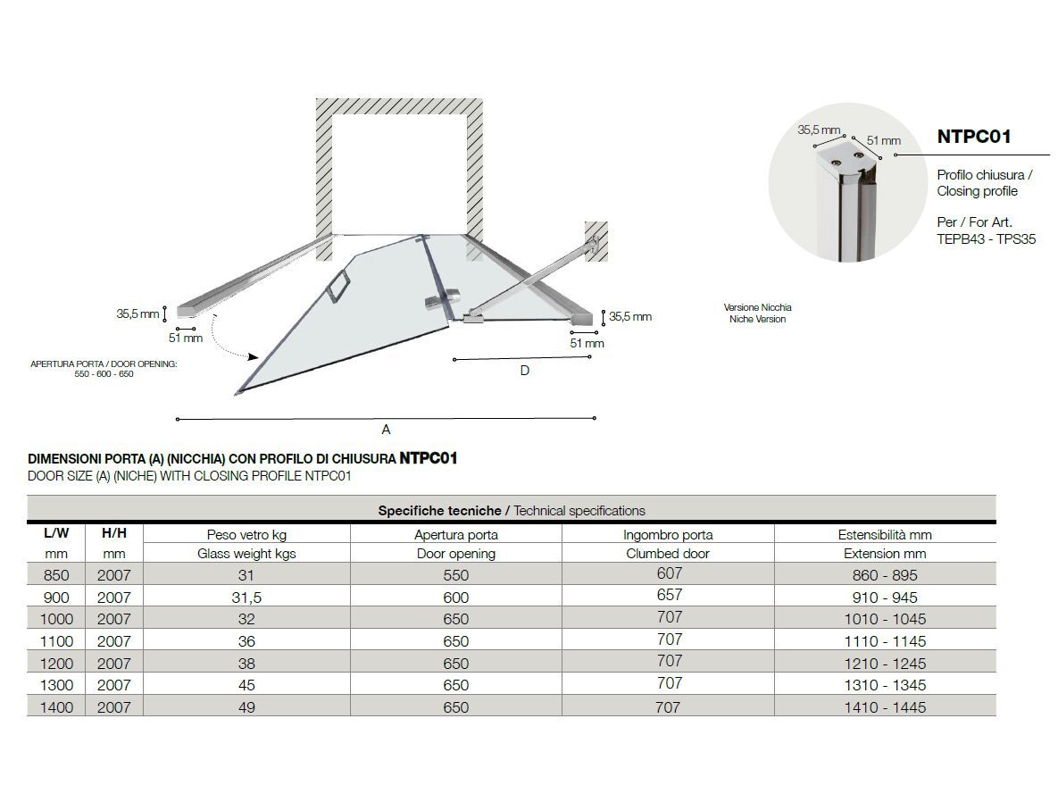 Алюминиевая и стеклянная нишевая душевая кабина с распашной дверью TAMANACO TEPB43 ARCH-00126135 - Вид №2
