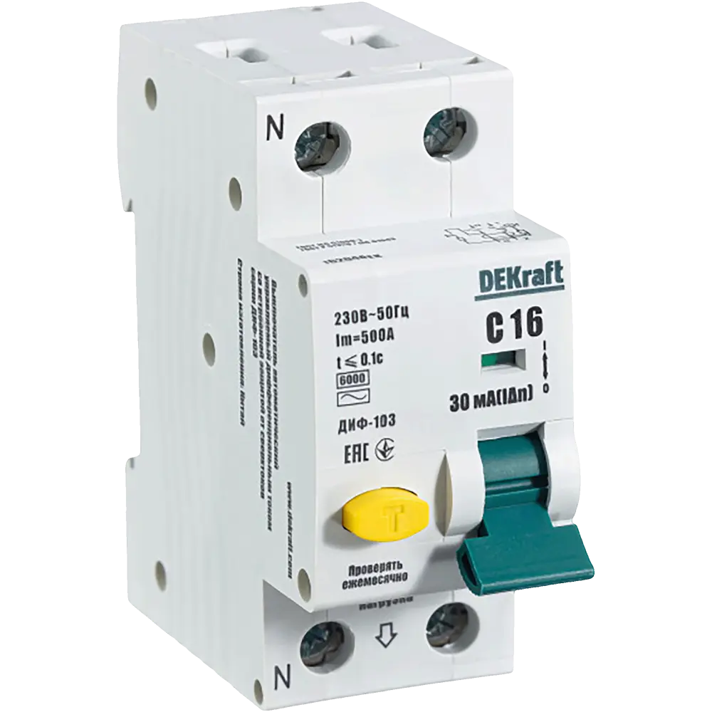 Дифференциальный автомат DEKraft 1P N C16 А 30 мА 6 кА AC 16204DEK STLM-2067120