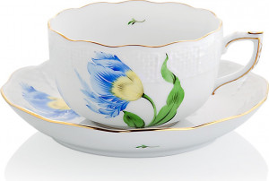 1051706 Herend Чашка чайная с блюдцем 200мл "Китти" (синяя) Фарфор