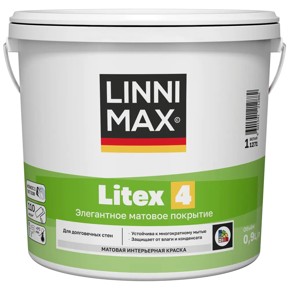 Краска для внутренних покрытий моющаяся Linnimax Litex 4 Б1 матовая цвет белый база А 0.9 л STLM-2054405