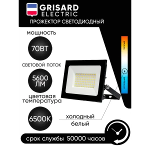 Прожектор светодиодный уличный GRISARD ELECTRIC СДО 70 светодиодный черный IP65 6500 K GRE-004-0007 70 Вт 6500 К IP65 холодный белый свет