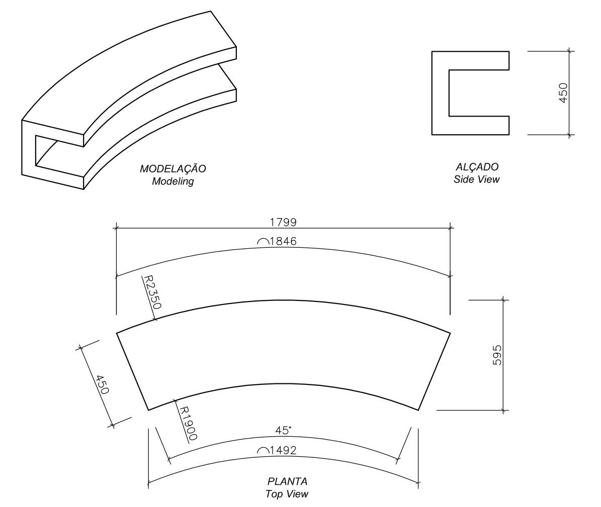 Изогнутая бетонная скамья без спинки amop ARCH-00026461 - Вид №3