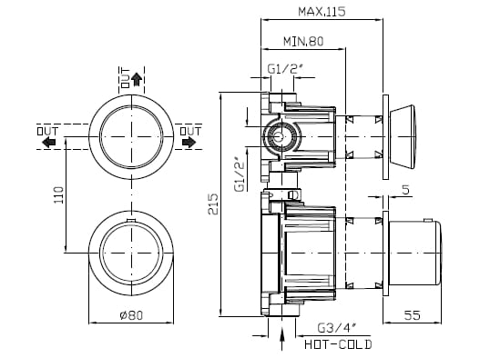 Нержавеющая сталь термостатический встраиваемый смеситель для душа с 2 отверстиями Zucchetti Sablier ARCH-00039202 - Вид №2