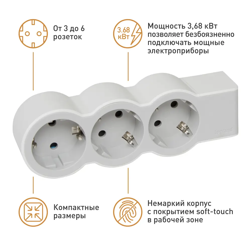 Колодка для удлинителя Legrand Стандарт 3 розетки с заземлением 3680 Вт цвет белый/серый STLM-2116148 - Вид №4