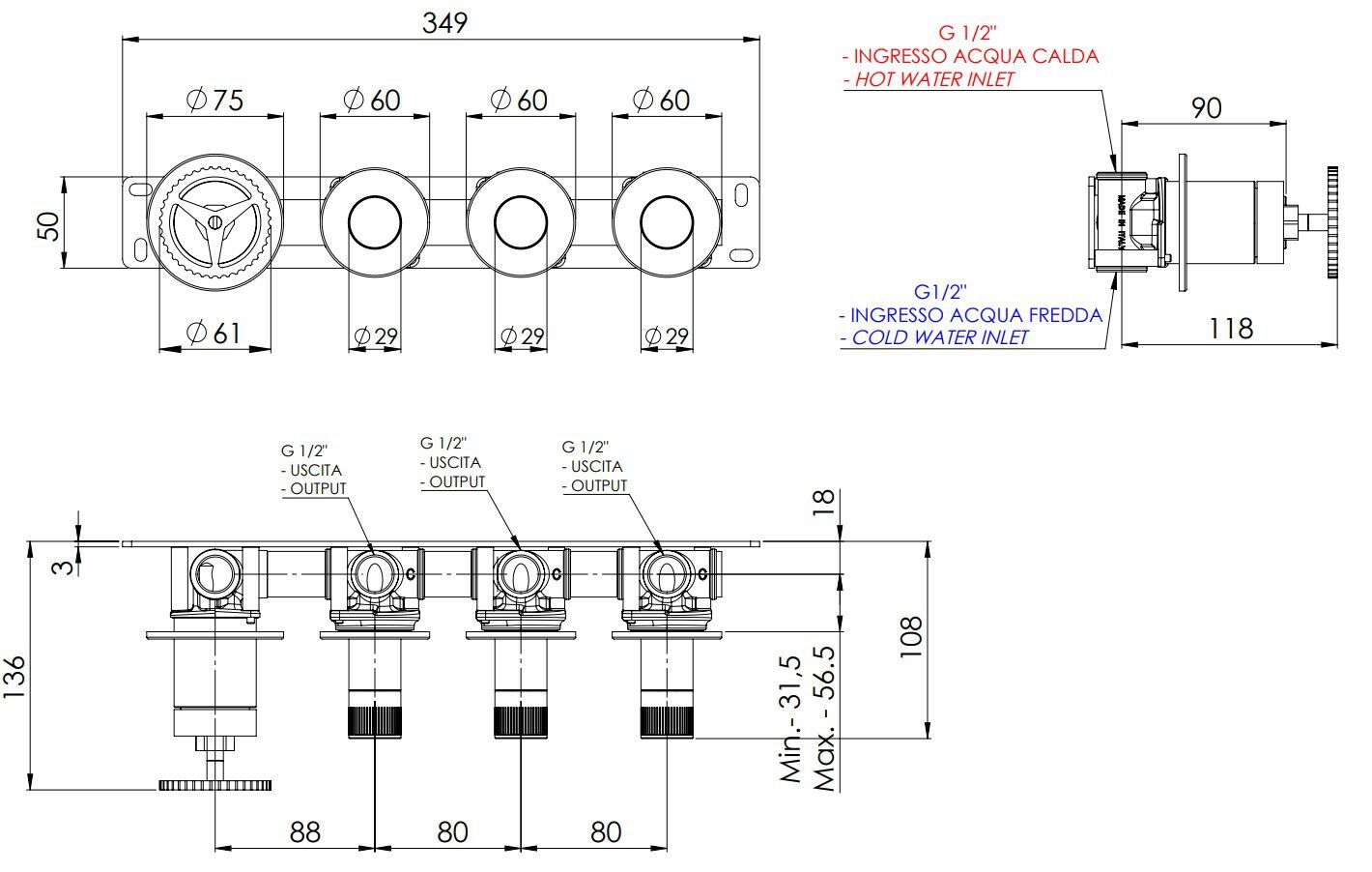 Однорычажный смеситель для душа с 4 отверстиями и переключателем Remer Rubinetterie Chrono ARCH-00051681 - Вид №2