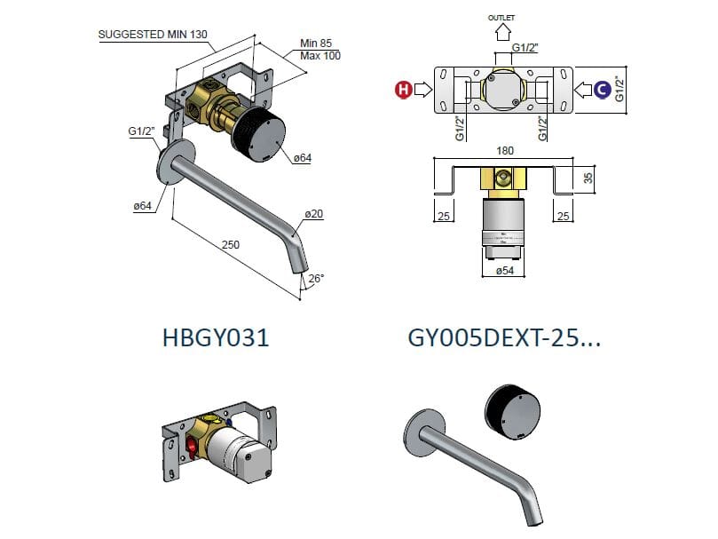 Латунный настенный смеситель для раковины с 2 отверстиями Hotbath Guy ARCH-00129287 - Вид №2