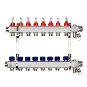 Коллектор Ридан на 8 выходов 1"x3/4" с расходомерами и кронштейнами нержавеющая сталь