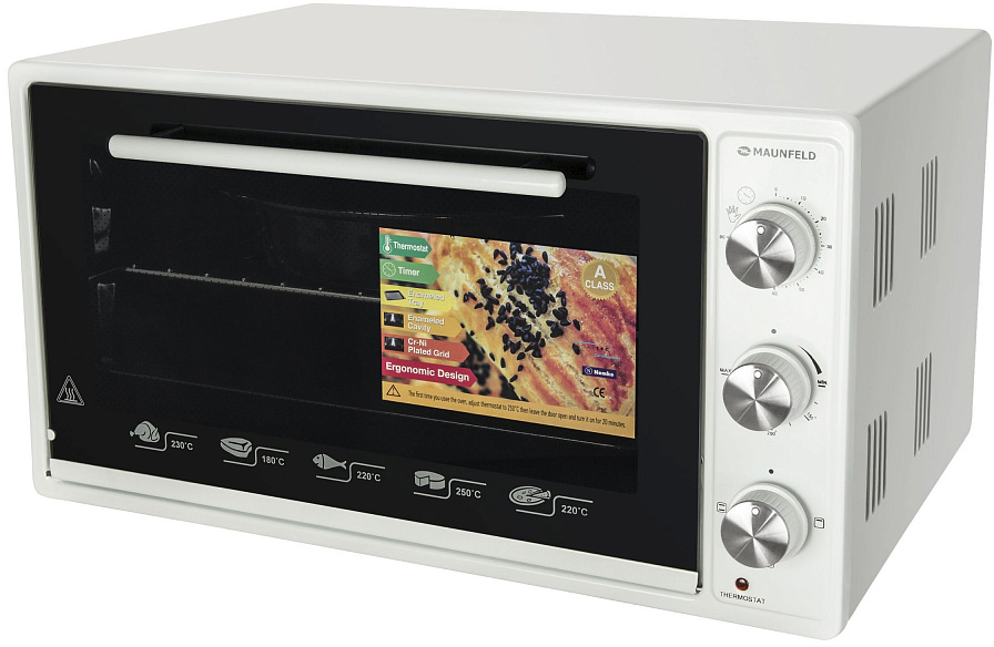 CEMOB.363.W Мини-печь gfsmo.20.5b/ электрическая мини-печь, 50см, 1300 вт, механический программатор, решетка для гриля, прямоугольный противень, круглый противень белый цвет Maunfeld Santreyd  - Вид №1