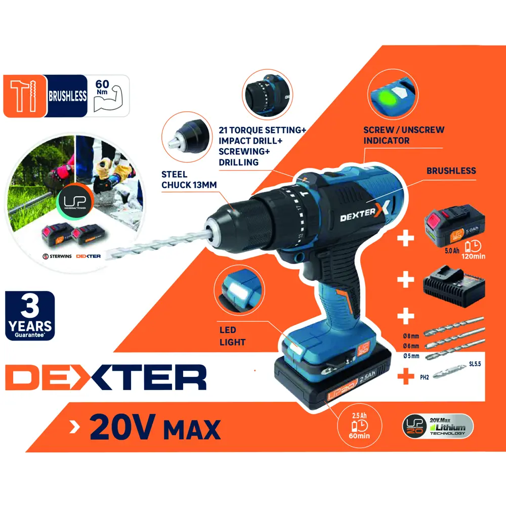 Бесщеточная беспроводная ударная дрель Dexter 5 20 В Li-ion, 1x2.5 Ач, 5 Ач STLM-2095228 - Вид №3