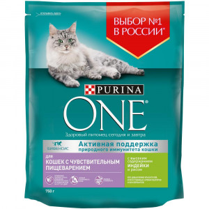 ПР0059662 Корм для кошек с чувствительным пищеварением, индейка, рис сух. 750г ONE