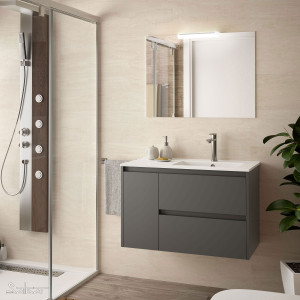 85061 SALGAR Комплект мебели для ванной NOJA 855 левая дверь СЕРЫЙ МАТОВЫЙ + Раковина + Зеркало + Свет Мэтт Грей