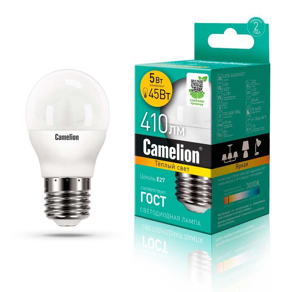 LED5-G45/830/E27 Лампа светодиодная E27 5W 3000K 12028 Camelion