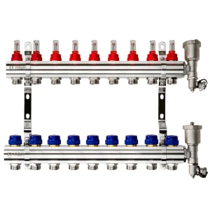 Коллектор Ридан на 9 выходов 1"x3/4" расходомерами кронштейнами и воздухоотводчиками латунь